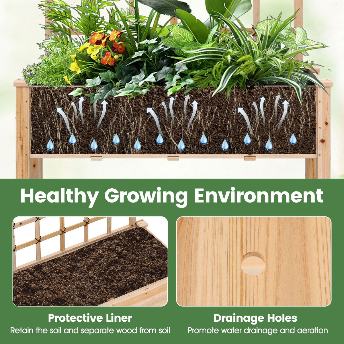 Wooden Raised Garden Bed with Trellis Liner and Drainage Holes for Climbing Plant
