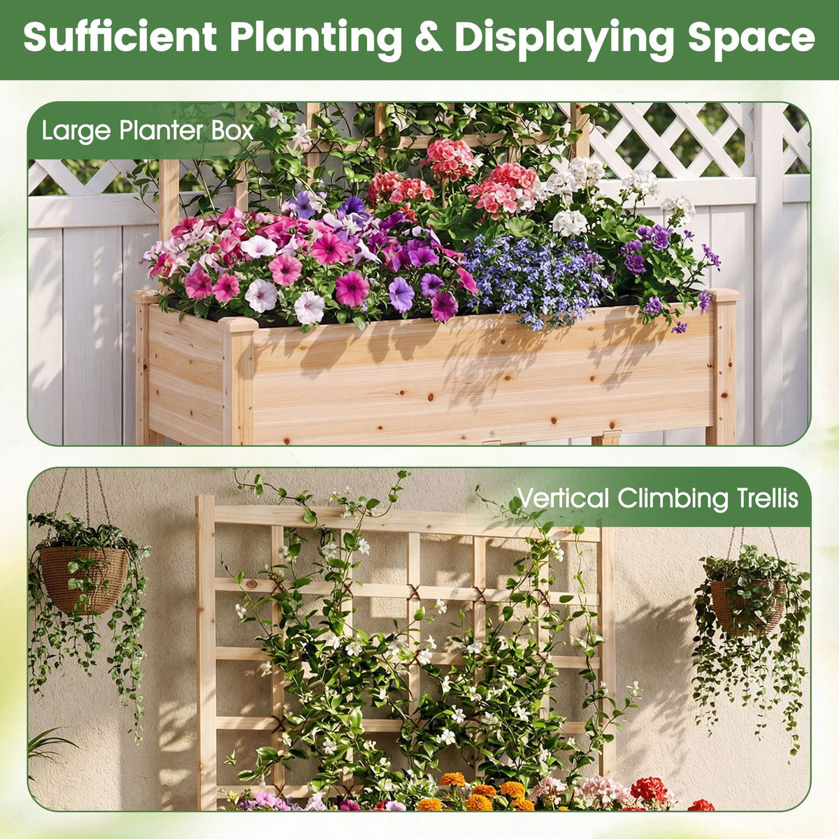 Wooden Raised Garden Bed with Trellis Liner and Drainage Holes for Climbing Plant