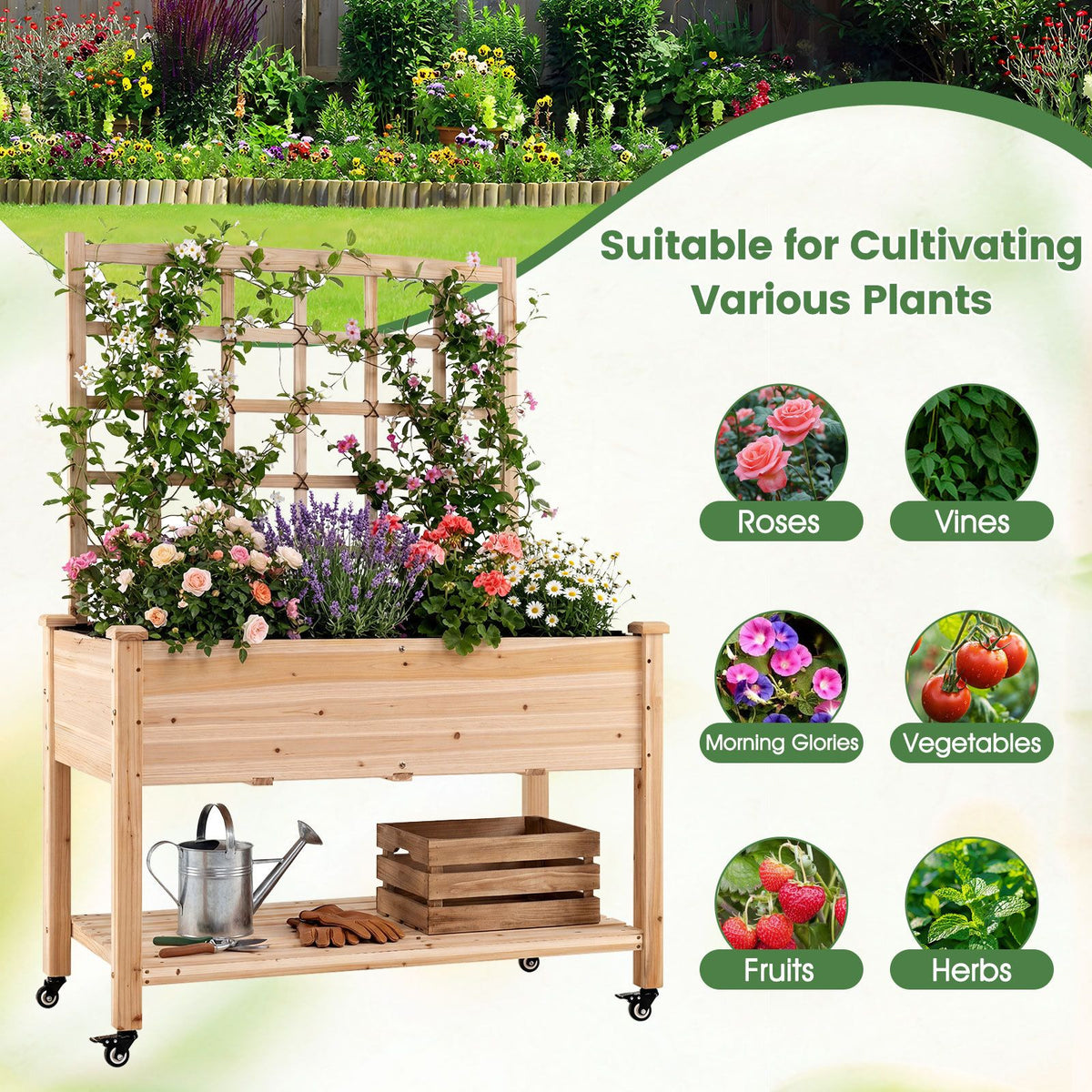 Wooden Raised Garden Bed with Trellis Liner and Drainage Holes for Climbing Plant