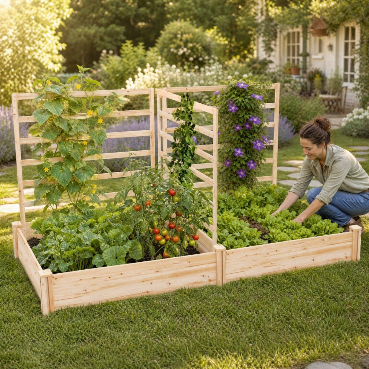 Wooden Raised Garden Bed wiyh 3 Trellises Rectangular and Planter Boxes for Vegetables
