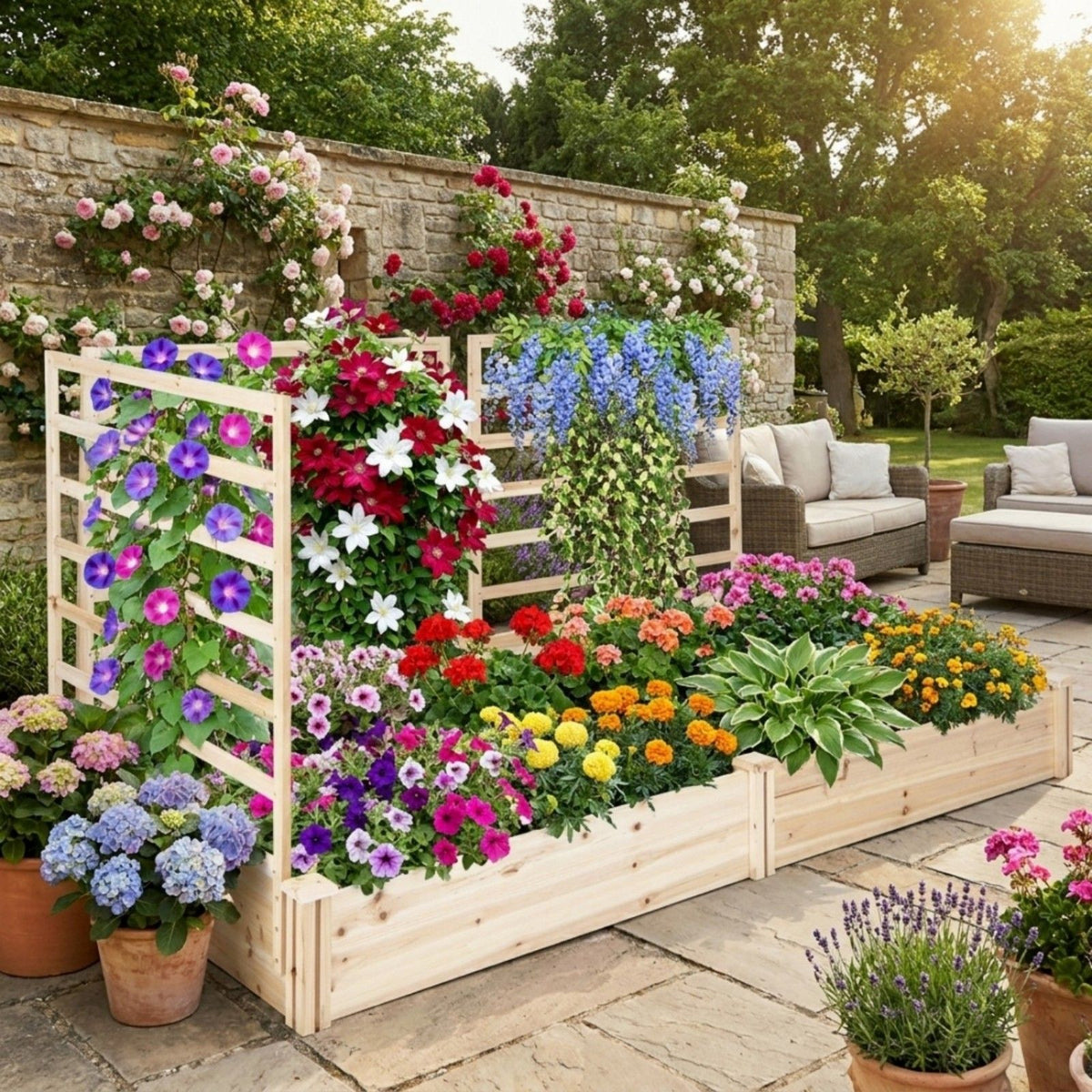 Wooden Raised Garden Bed wiyh 3 Trellises Rectangular and Planter Boxes for Vegetables