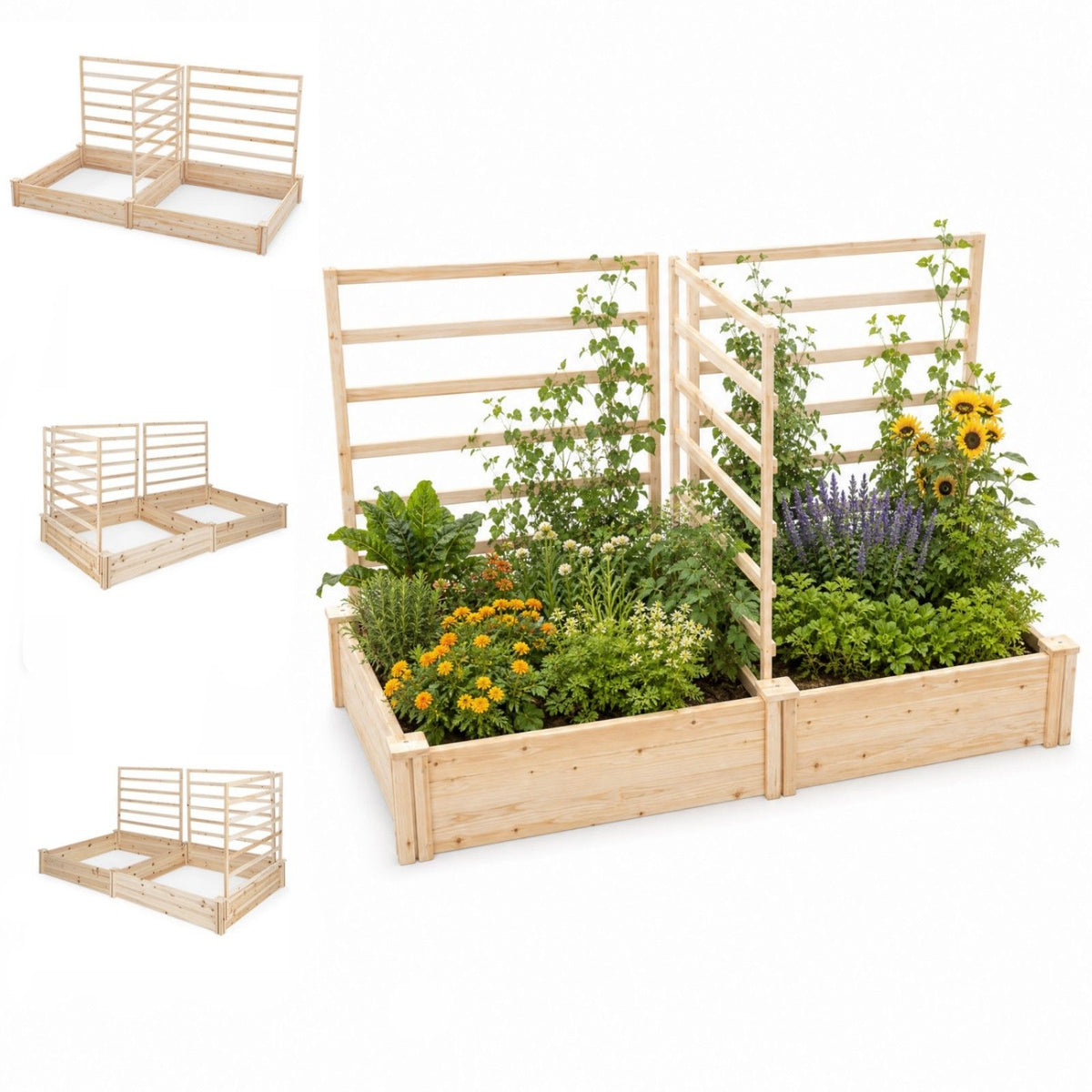 Wooden Raised Garden Bed wiyh 3 Trellises Rectangular and Planter Boxes for Vegetables