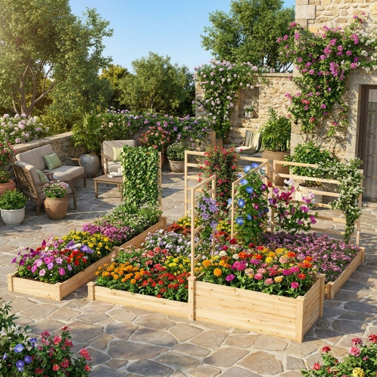 Wooden Raised Garden Bed wiyh 3 Trellises Rectangular and Planter Boxes for Vegetables