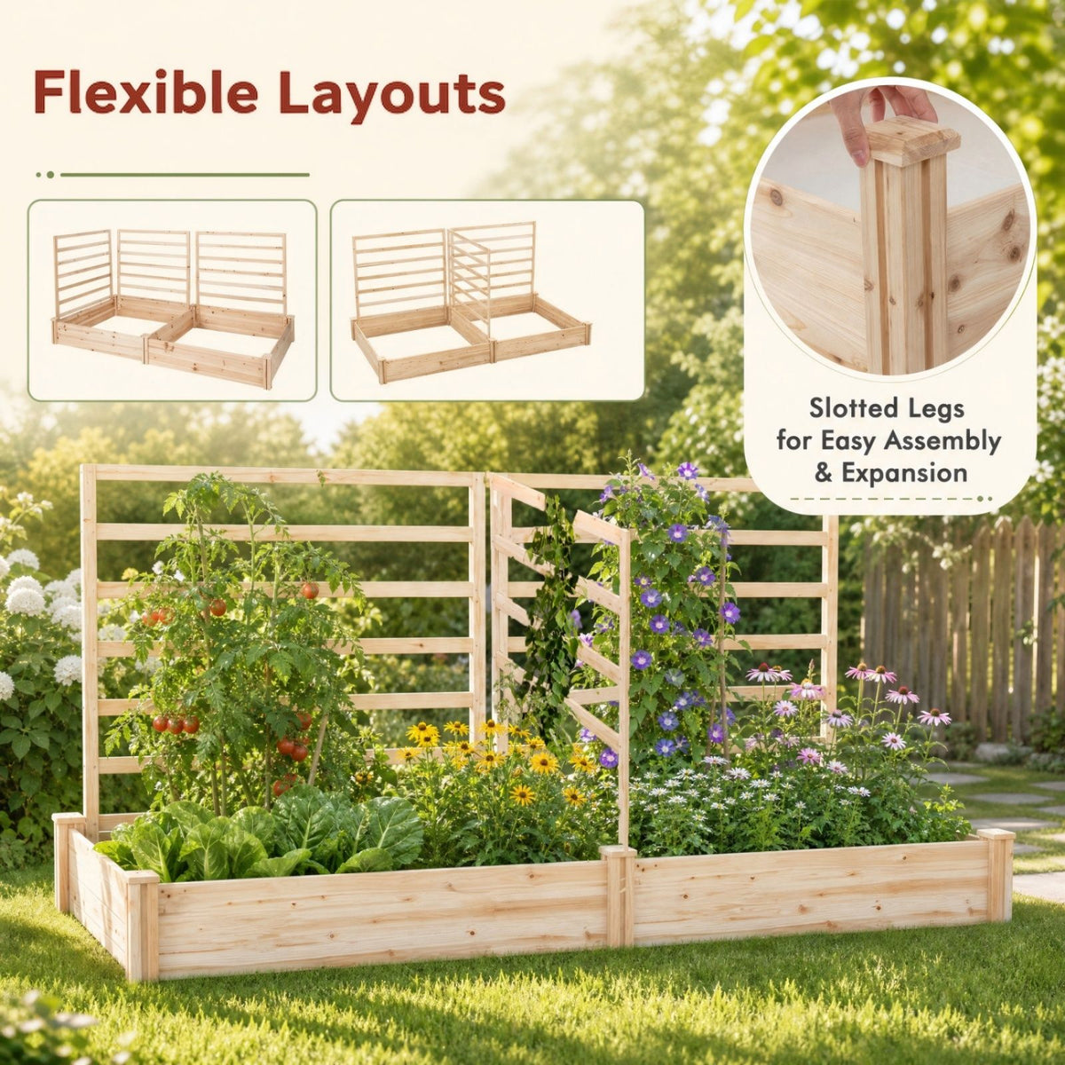 Wooden Raised Garden Bed wiyh 3 Trellises Rectangular and Planter Boxes for Vegetables