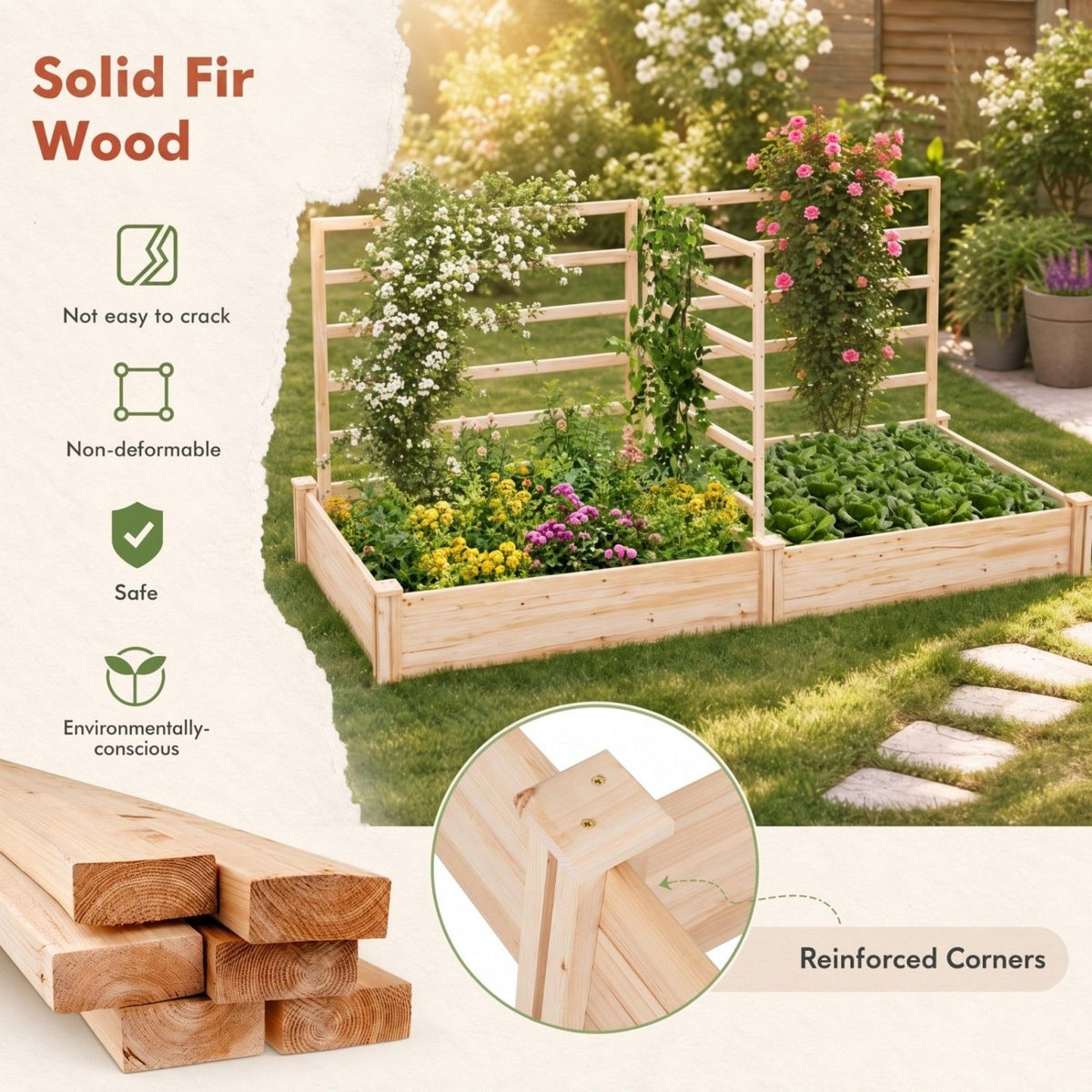 Wooden Raised Garden Bed wiyh 3 Trellises Rectangular and Planter Boxes for Vegetables