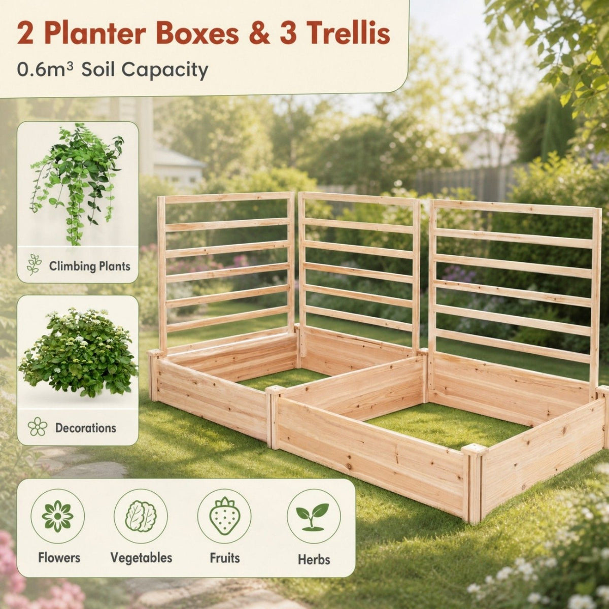 Wooden Raised Garden Bed wiyh 3 Trellises Rectangular and Planter Boxes for Vegetables