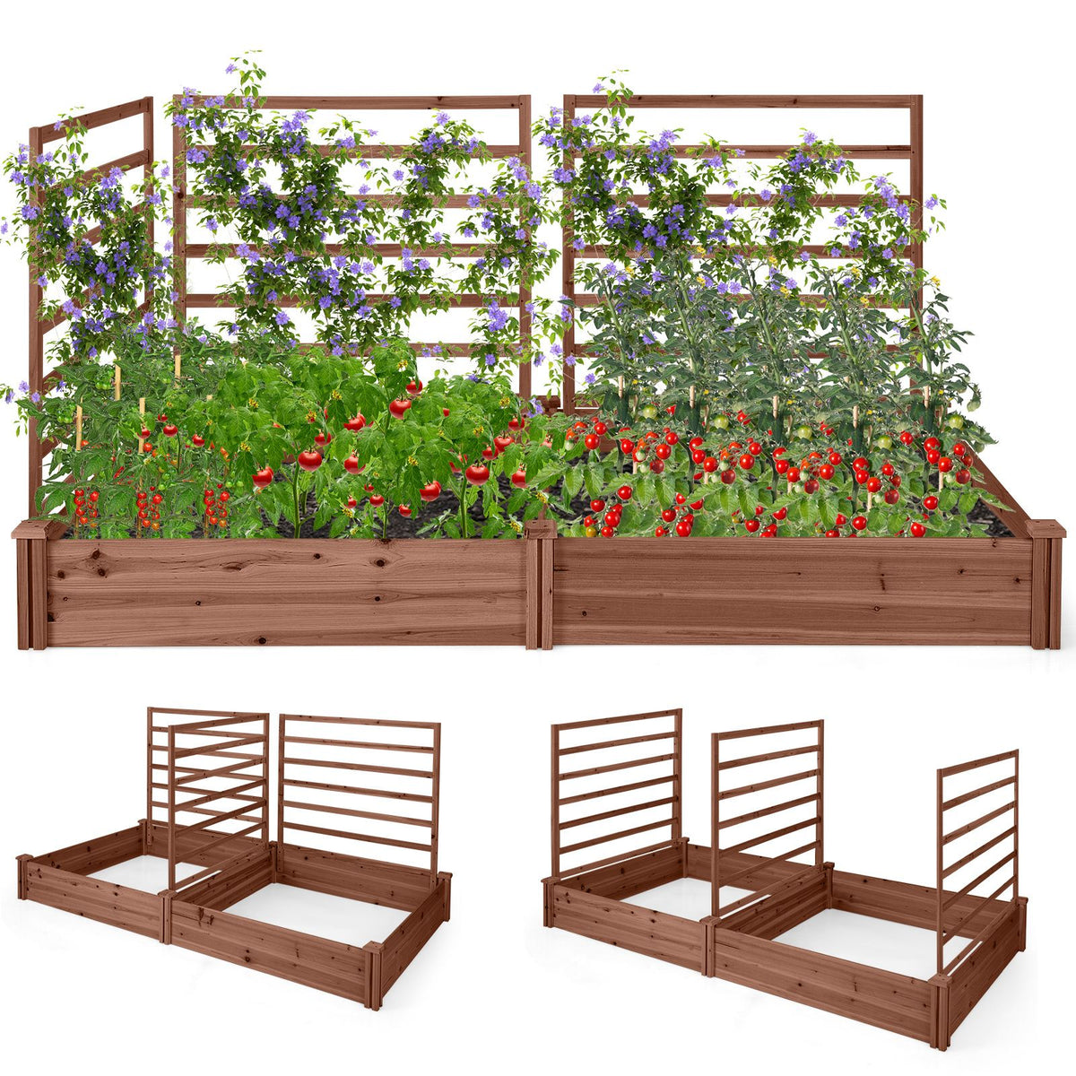 Wooden Raised Garden Bed wiyh 3 Trellises Rectangular and Planter Boxes for Vegetables