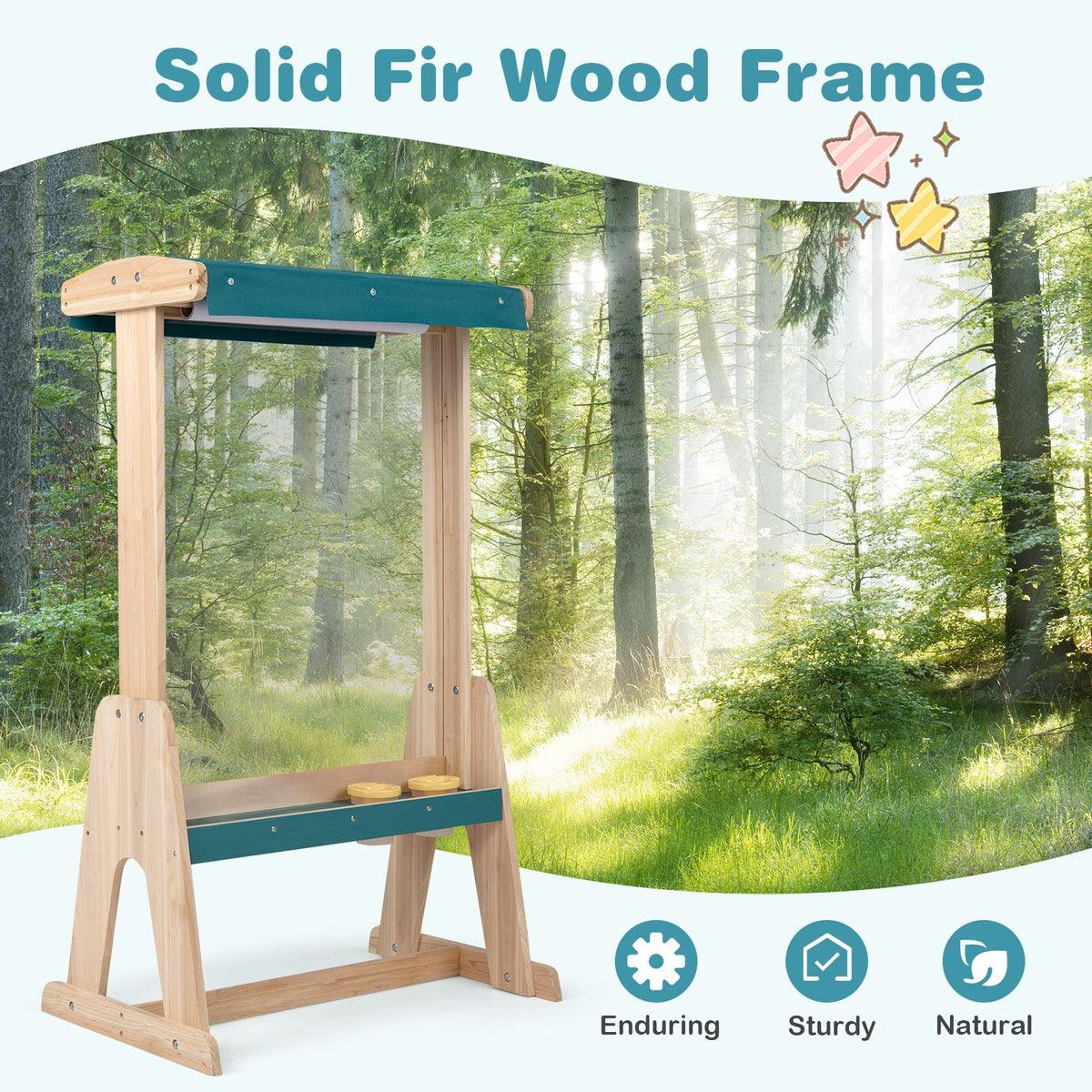 Wooden Fir Frame Easel for Kids with Transparent Board and Storage Trays