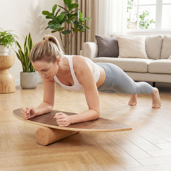 Wooden Balancing Board with Cork Roller and Storage Rack to Exercise and Build Core Strength
