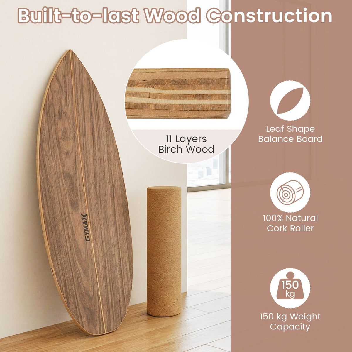 Wooden Balancing Board with Cork Roller and Storage Rack to Exercise and Build Core Strength