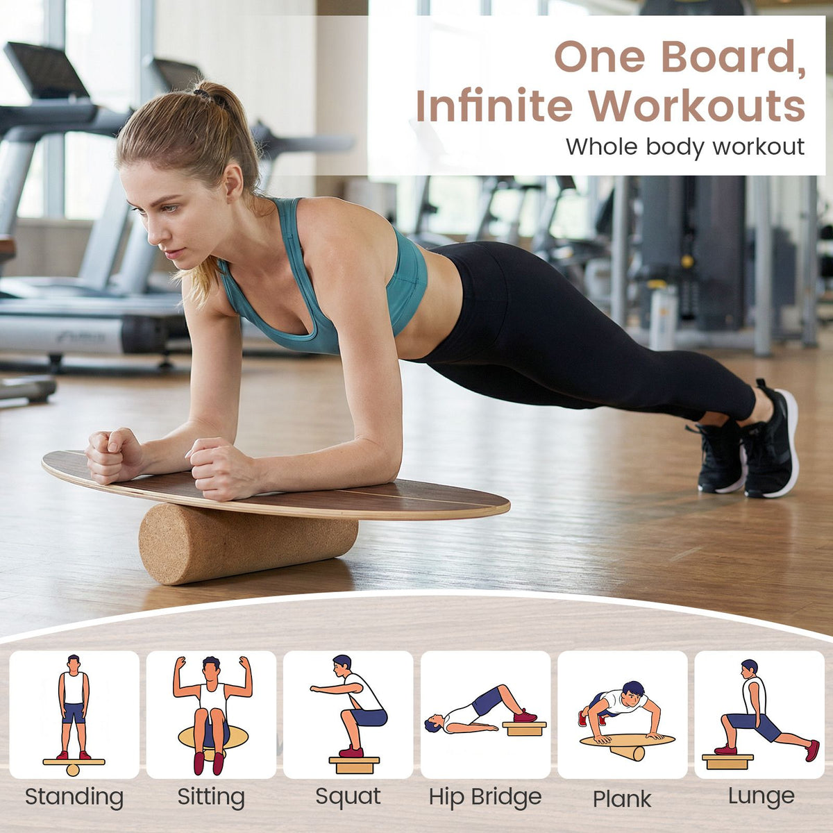 Wooden Balancing Board with Cork Roller and Storage Rack to Exercise and Build Core Strength