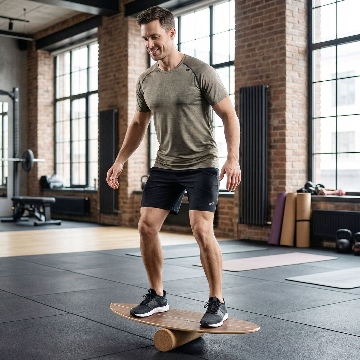 Wooden Balancing Board with Cork Roller and Storage Rack to Exercise and Build Core Strength