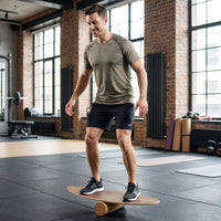 Wooden Balancing Board with Cork Roller and Storage Rack to Exercise and Build Core Strength