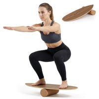 Wooden Balancing Board with Cork Roller and Storage Rack to Exercise and Build Core Strength