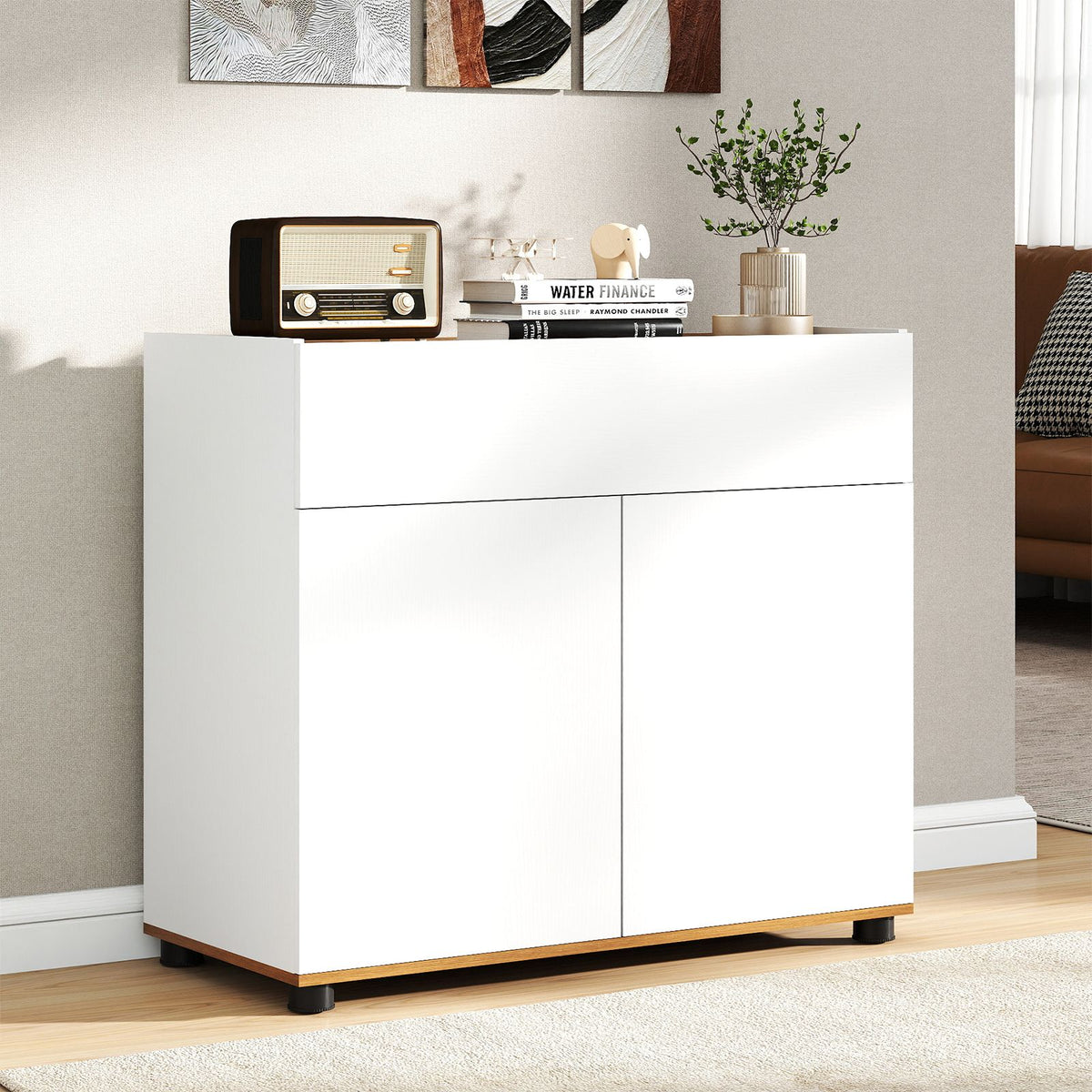 Wooden Coffee Bar Station Table with 1 Drawer and 2 Doors for Kitchen