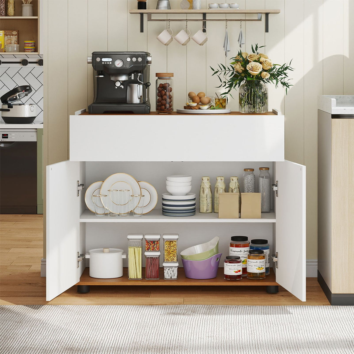Wooden Coffee Bar Station Table with 1 Drawer and 2 Doors for Kitchen