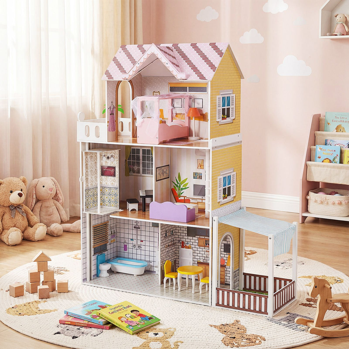 Wooden Dollhouse with 16 Furniture Accessories and Balcony