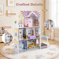Wooden Dollhouse with 16 Furniture Accessories and Balcony