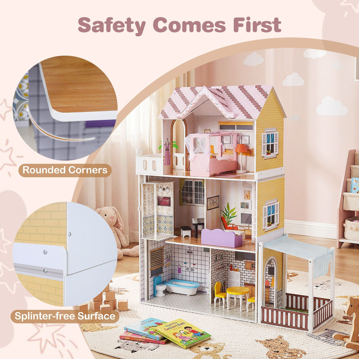 Wooden Dollhouse with 16 Furniture Accessories and Balcony