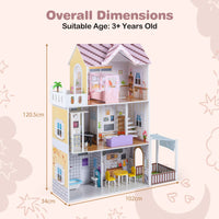 Wooden Dollhouse with 16 Furniture Accessories and Balcony