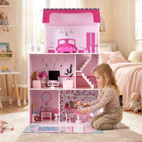 Wooden Dollhouse with 17-Piece Furniture and Staircase Accessories