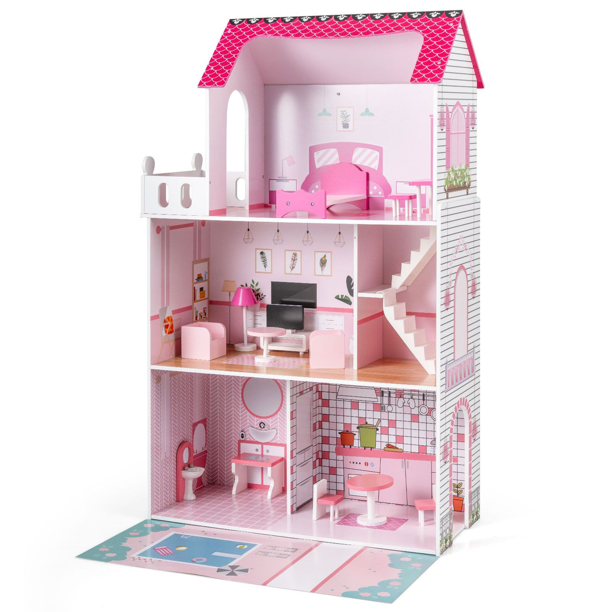 Wooden Dollhouse with 17-Piece Furniture and Staircase Accessories