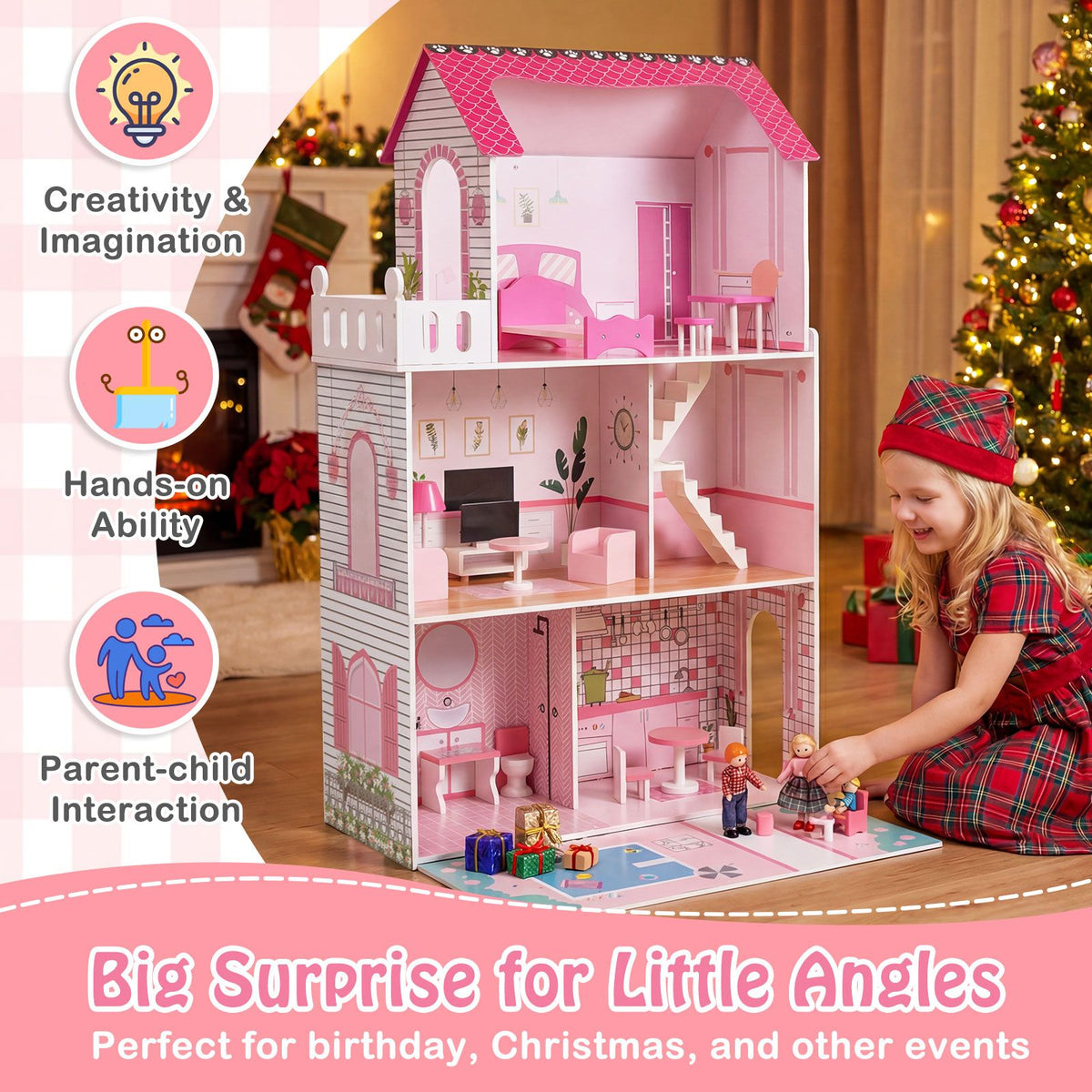 Wooden Dollhouse with 17-Piece Furniture and Staircase Accessories