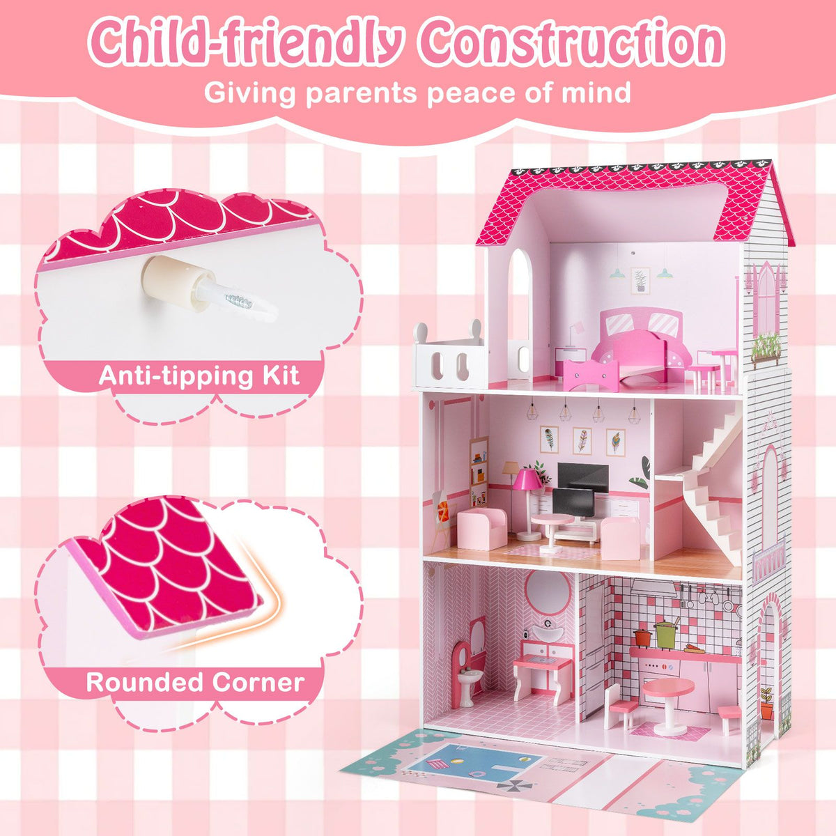 Wooden Dollhouse with 17-Piece Furniture and Staircase Accessories