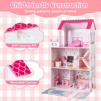 Wooden Dollhouse with 17-Piece Furniture and Staircase Accessories