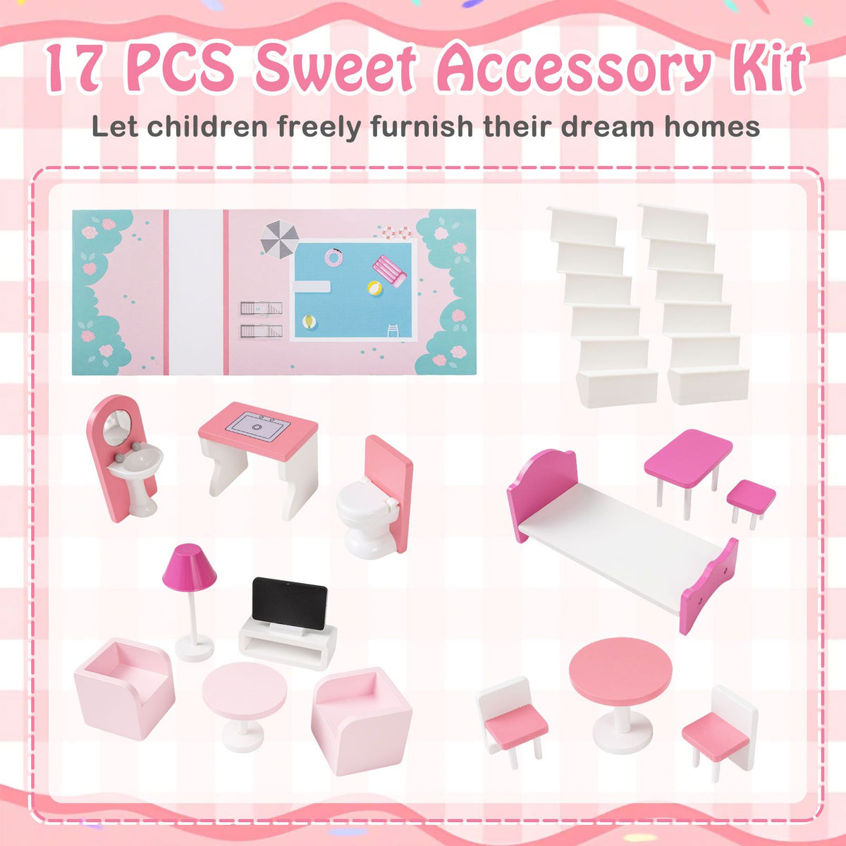 Wooden Dollhouse with 17-Piece Furniture and Staircase Accessories