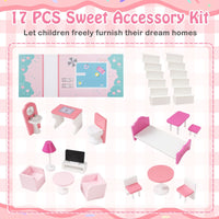 Wooden Dollhouse with 17-Piece Furniture and Staircase Accessories