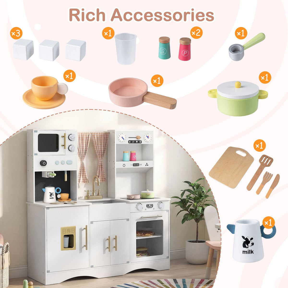 Wooden Kids Kitchen Playset with Microwave Sink for Ages 3+