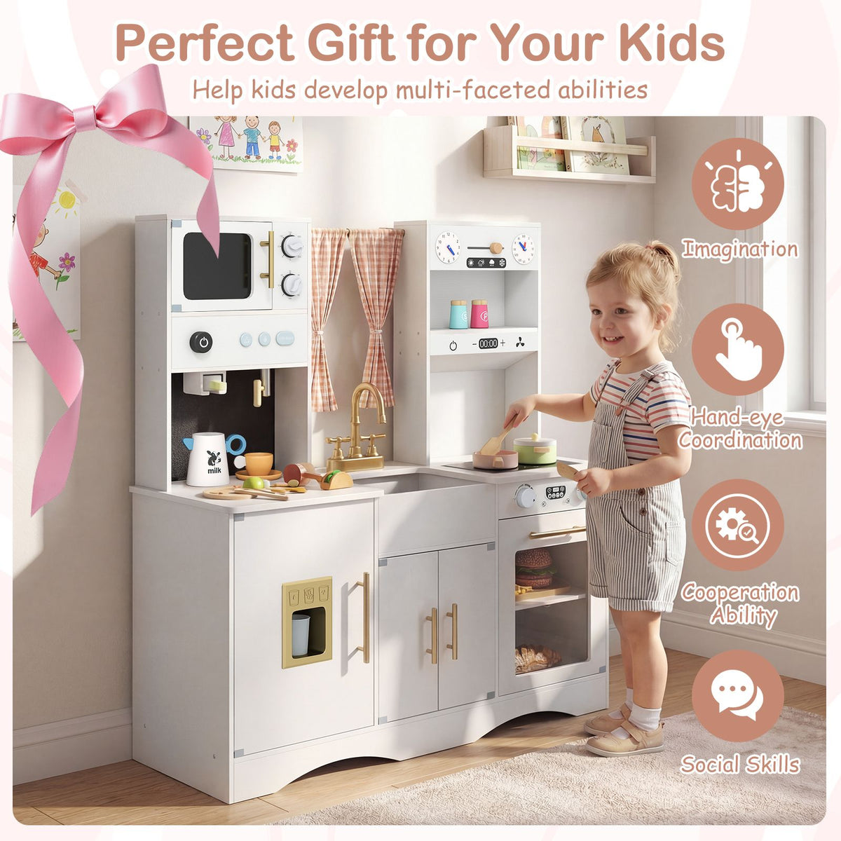 Wooden Kids Kitchen Playset with Microwave Sink for Ages 3+