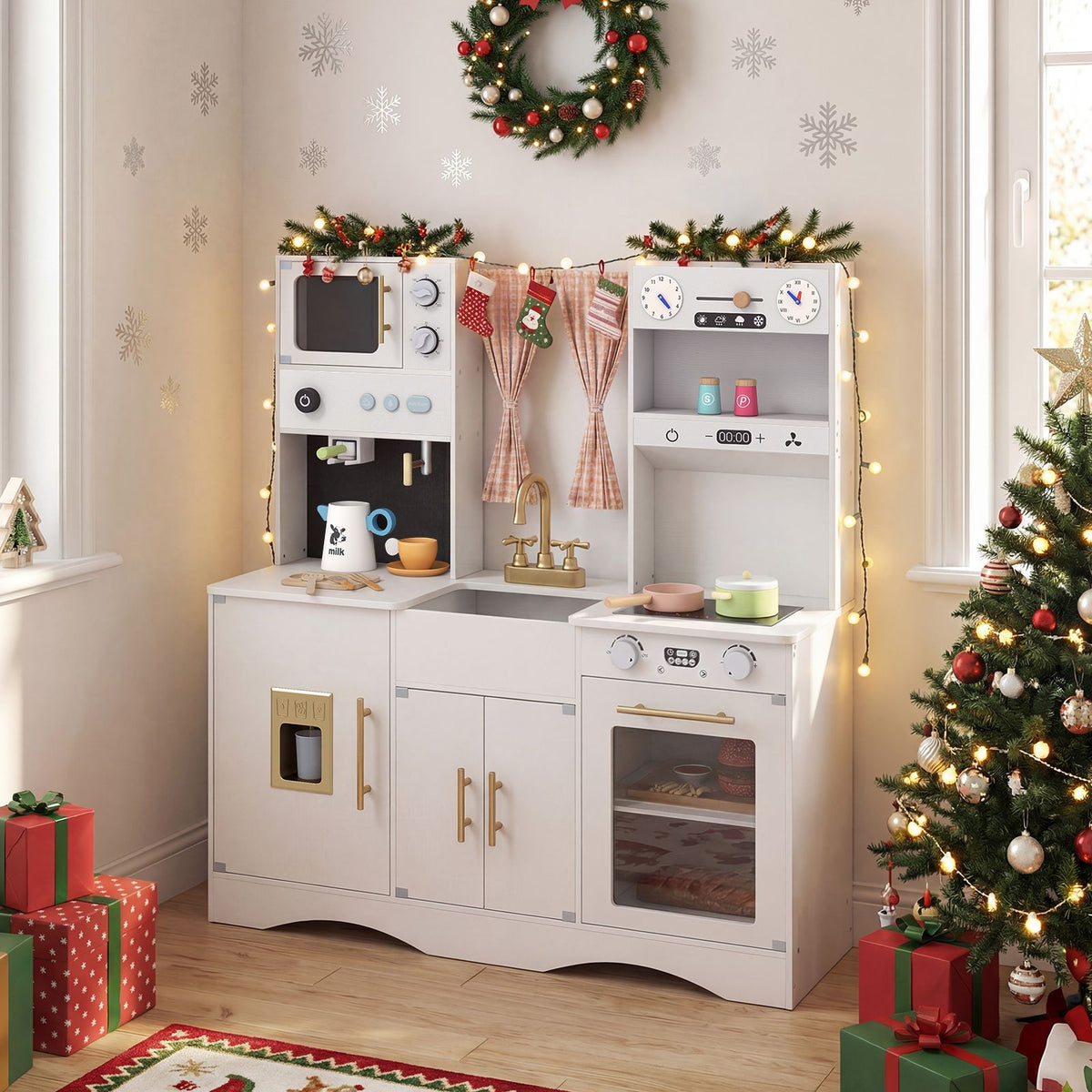 Wooden Kids Kitchen Playset with Microwave Sink for Ages 3+