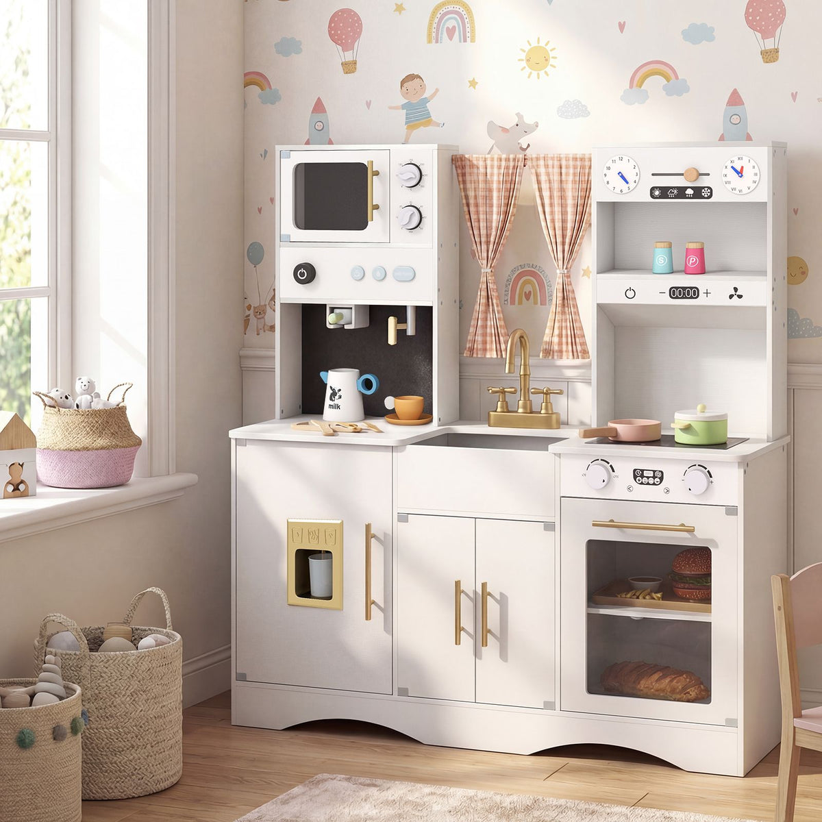 Wooden Kids Kitchen Playset with Microwave Sink for Ages 3+