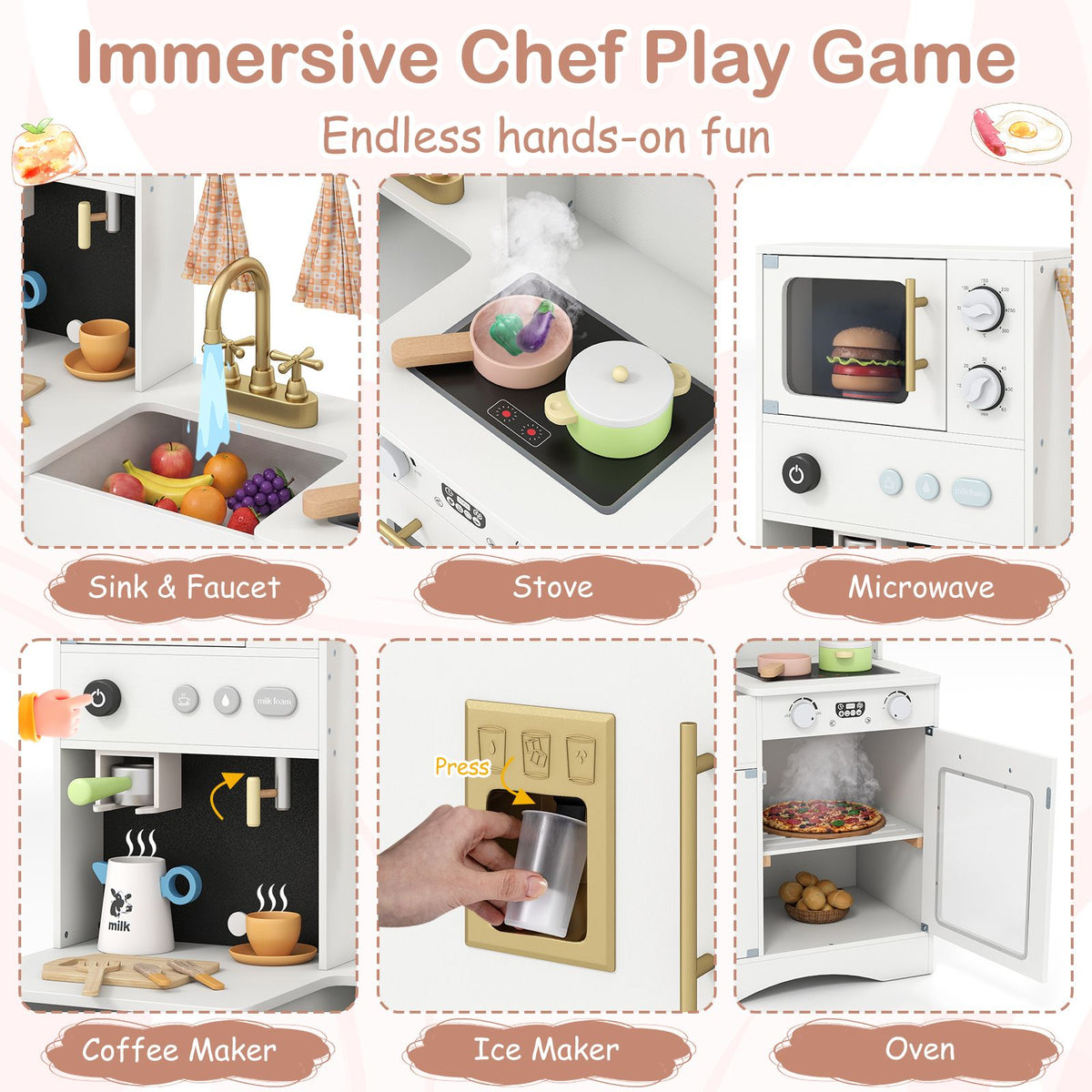 Wooden Kids Kitchen Playset with Microwave Sink for Ages 3+