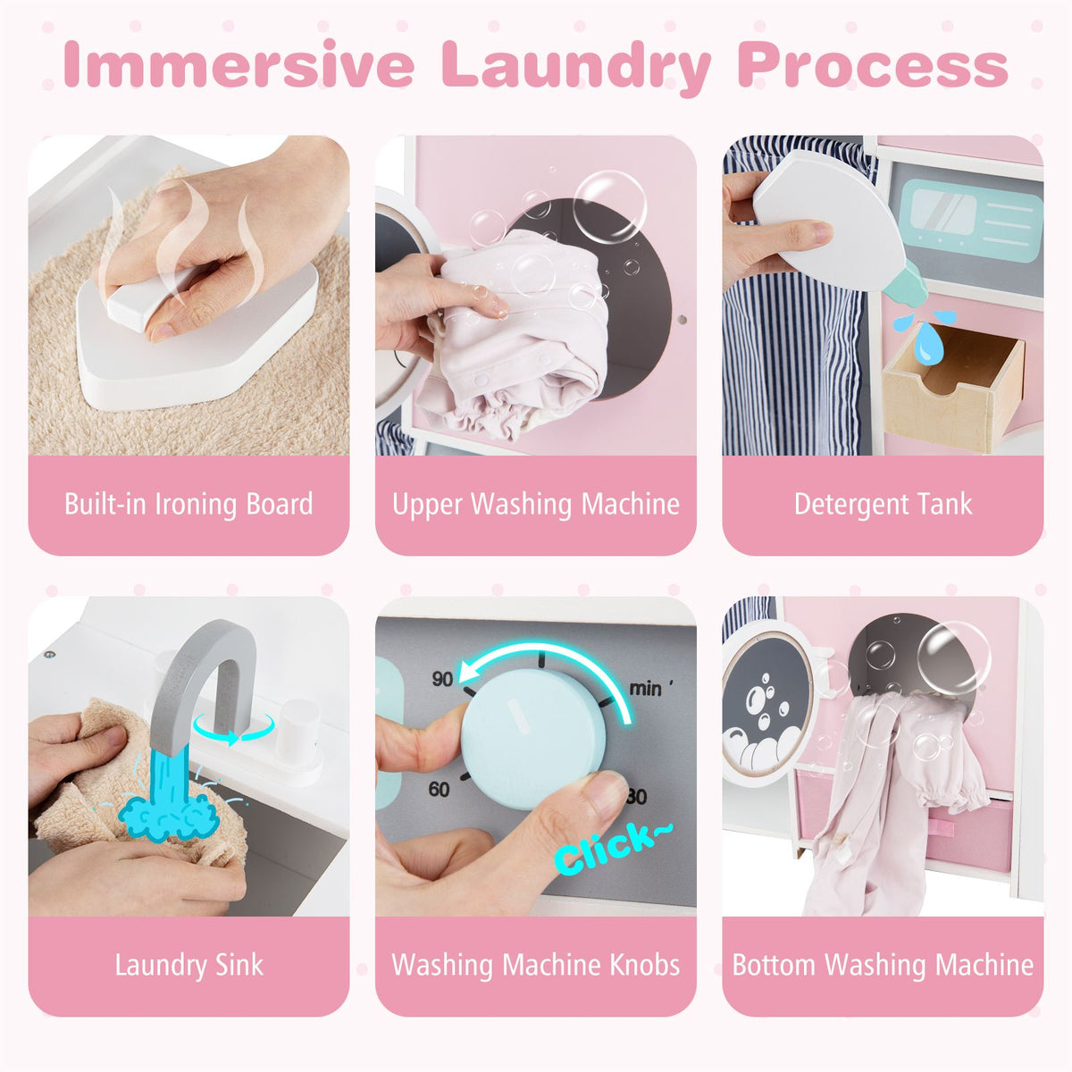 Wooden Kids Laundry Playset with Laundry Detergent Bottle