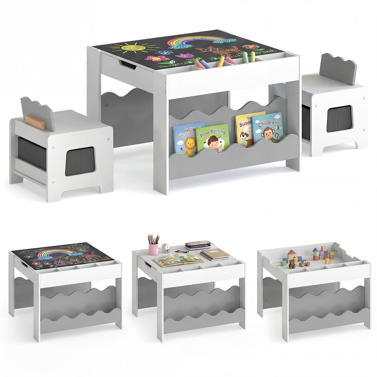 Wooden Kids Table and Chairs Set Multi-purpose Activity Table Set with Tabletop