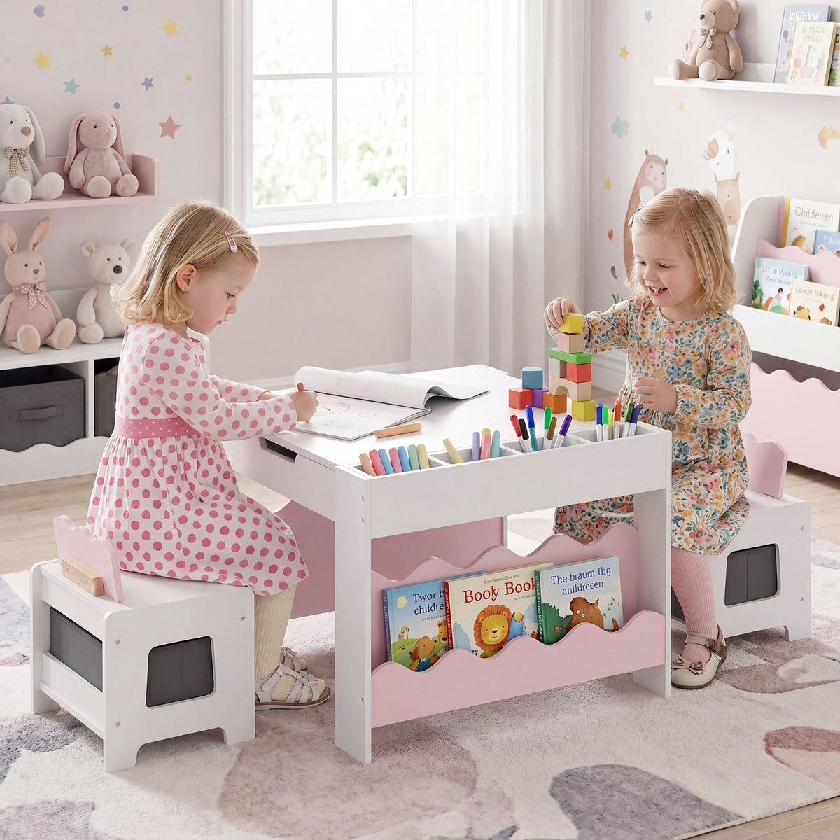 Wooden Kids Table and Chairs Set Multi-purpose Activity Table Set with Tabletop