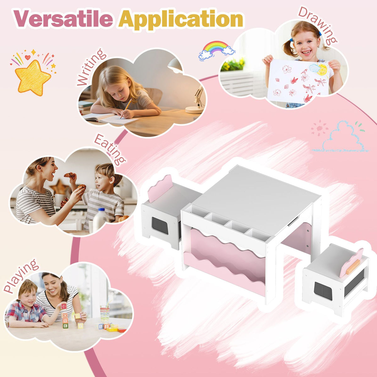Wooden Kids Table and Chairs Set Multi-purpose Activity Table Set with Tabletop