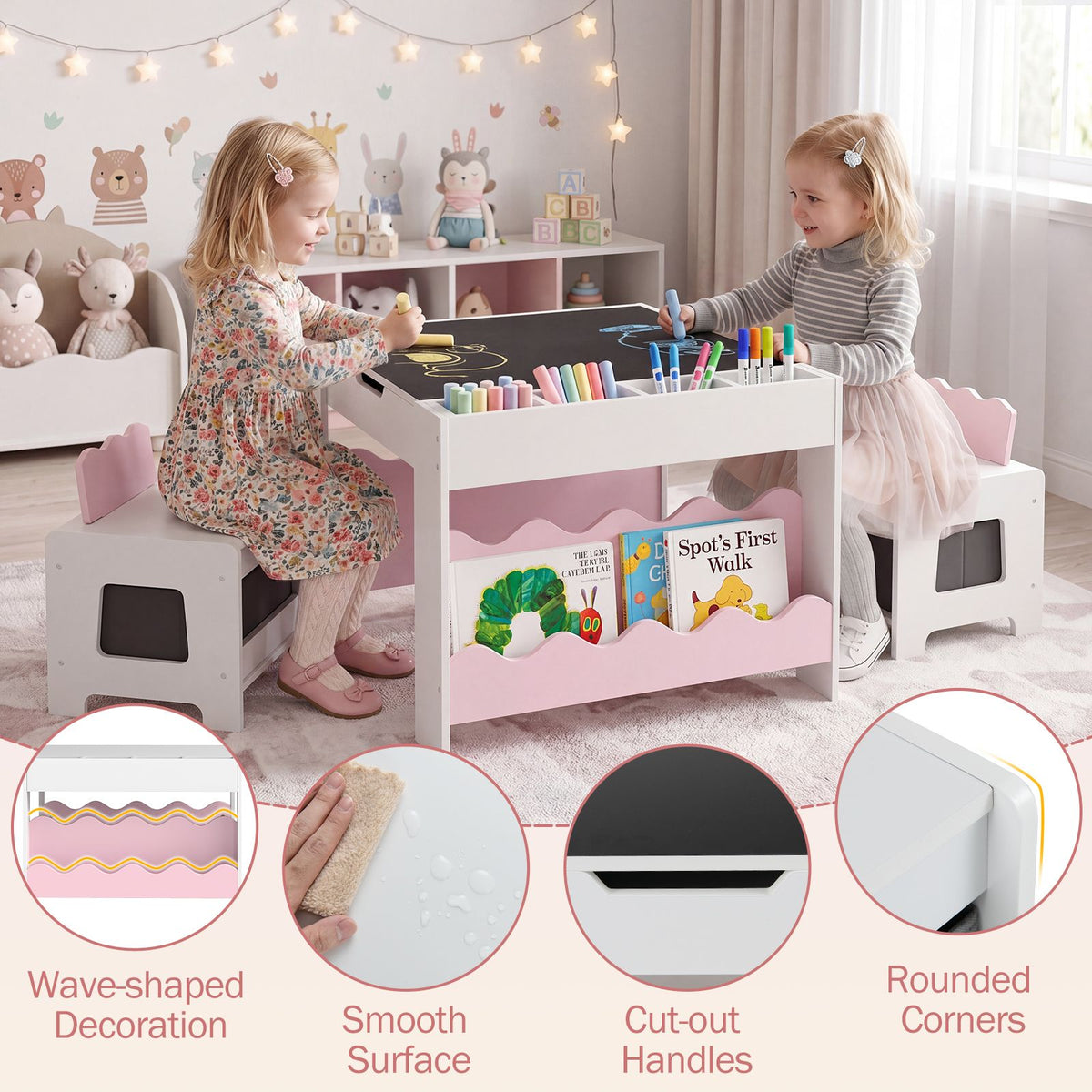 Wooden Kids Table and Chairs Set Multi-purpose Activity Table Set with Tabletop