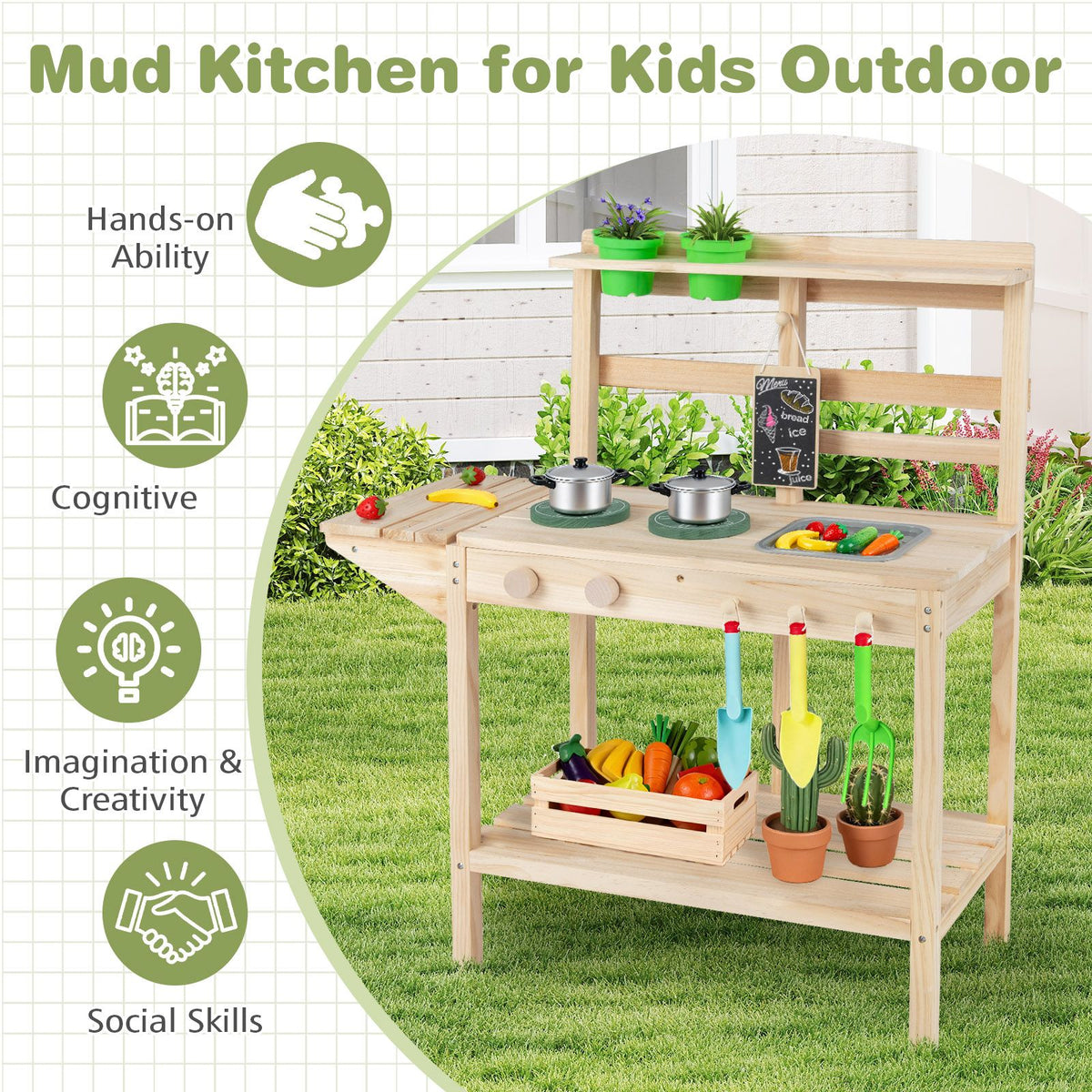Wooden Kitchen Playset with Stoves and Flowerpots for Boys Girls 3+