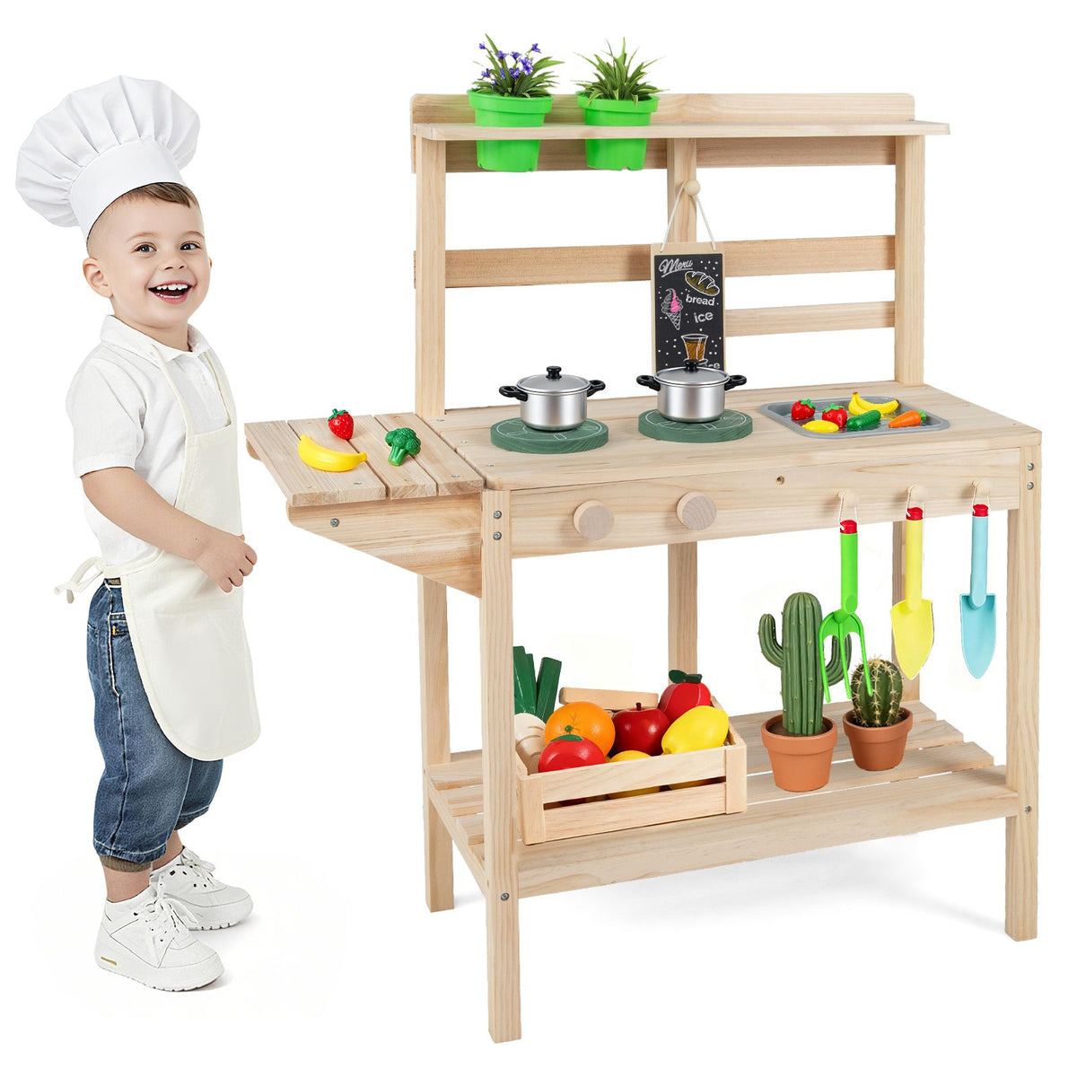 Wooden Kitchen Playset with Stoves and Flowerpots for Boys Girls 3+