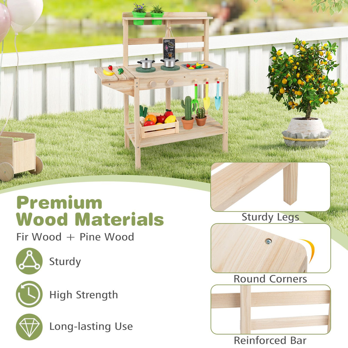 Wooden Kitchen Playset with Stoves and Flowerpots for Boys Girls 3+