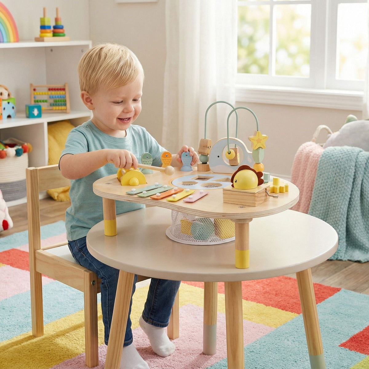 Wooden Musical Play Table with Bead Maze and Music Box for Boys and Girls