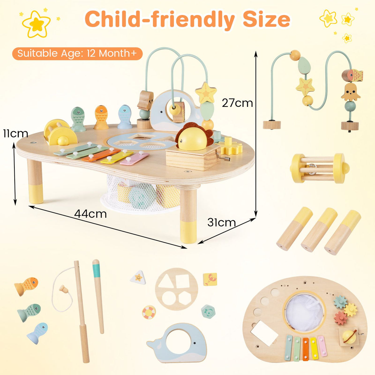 Wooden Musical Play Table with Bead Maze and Music Box for Boys and Girls