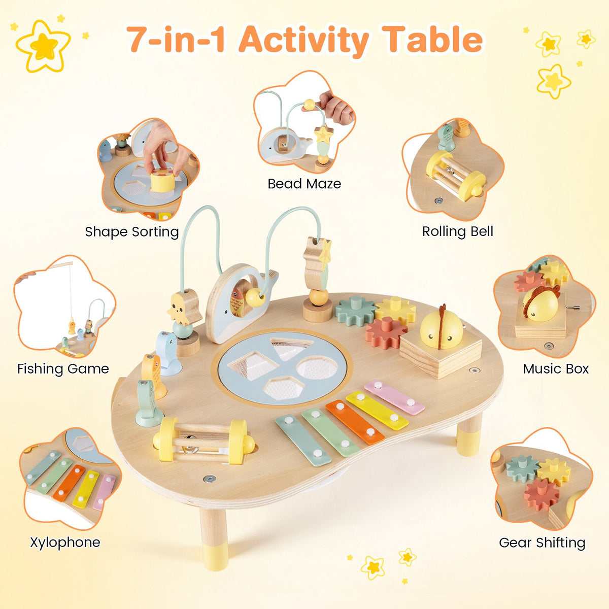 Wooden Musical Play Table with Bead Maze and Music Box for Boys and Girls