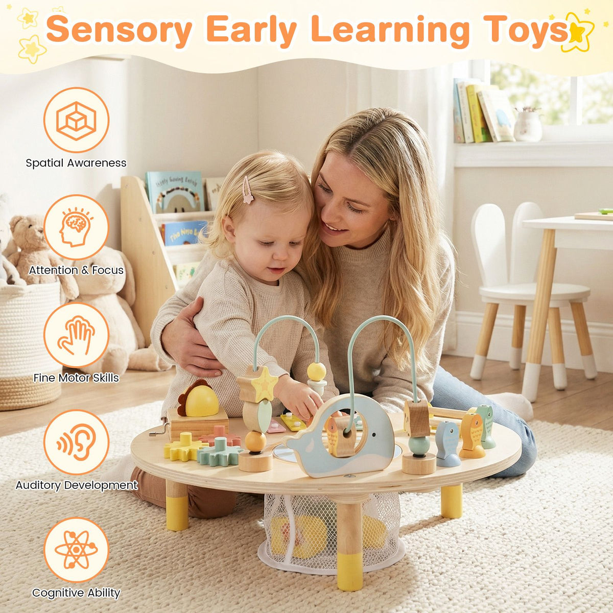 Wooden Musical Play Table with Bead Maze and Music Box for Boys and Girls