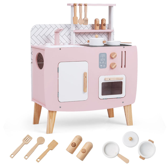 Wooden Play Kitchen with Stove and Cooking Accessories