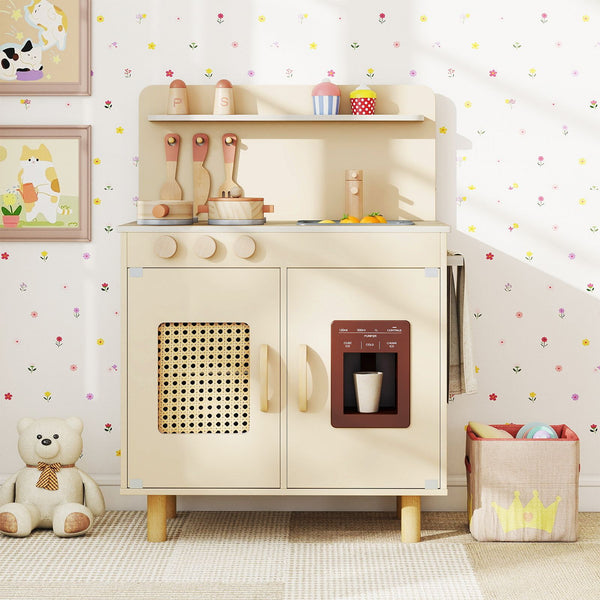 Wooden Pretend Kitchen Playset with Realistic Ice Maker and Accessories